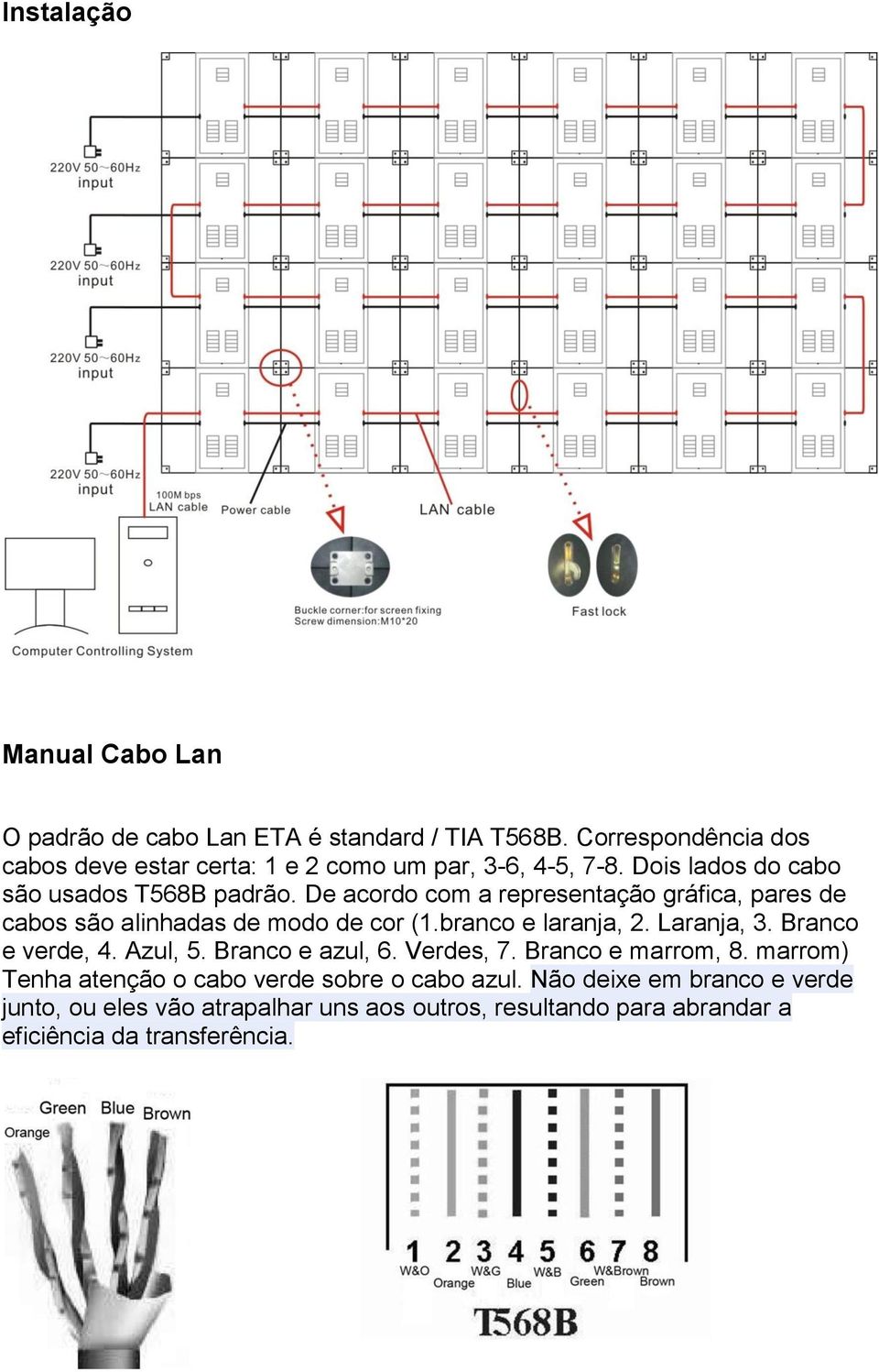 De acordo com a representação gráfica, pares de cabos são alinhadas de modo de cor (1.branco e laranja, 2. Laranja, 3. Branco e verde, 4.