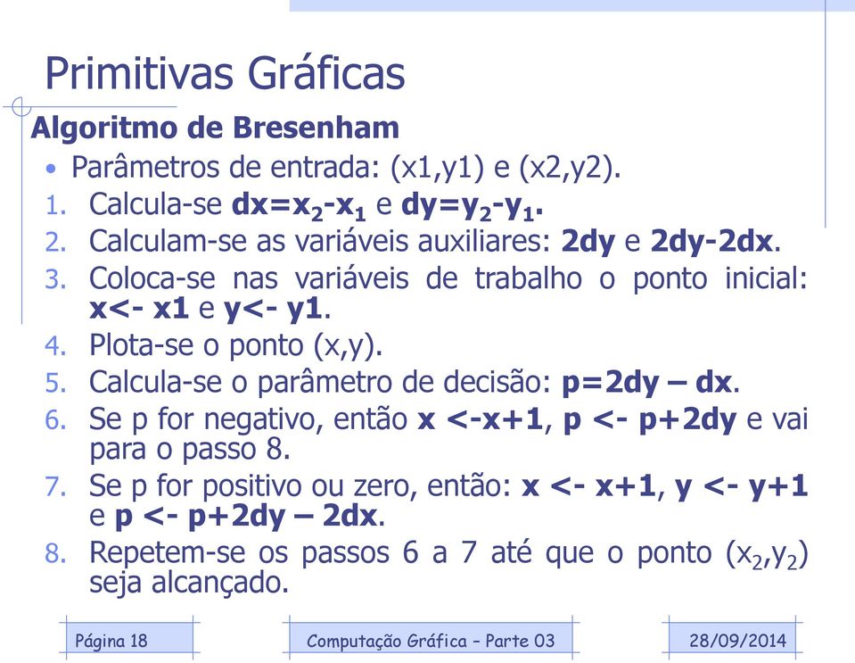 Coloca-se nas variáveis de trabalho o ponto inicial: x<- x1 e y<- y1. 4. Plota-se o ponto (x,y). 5.