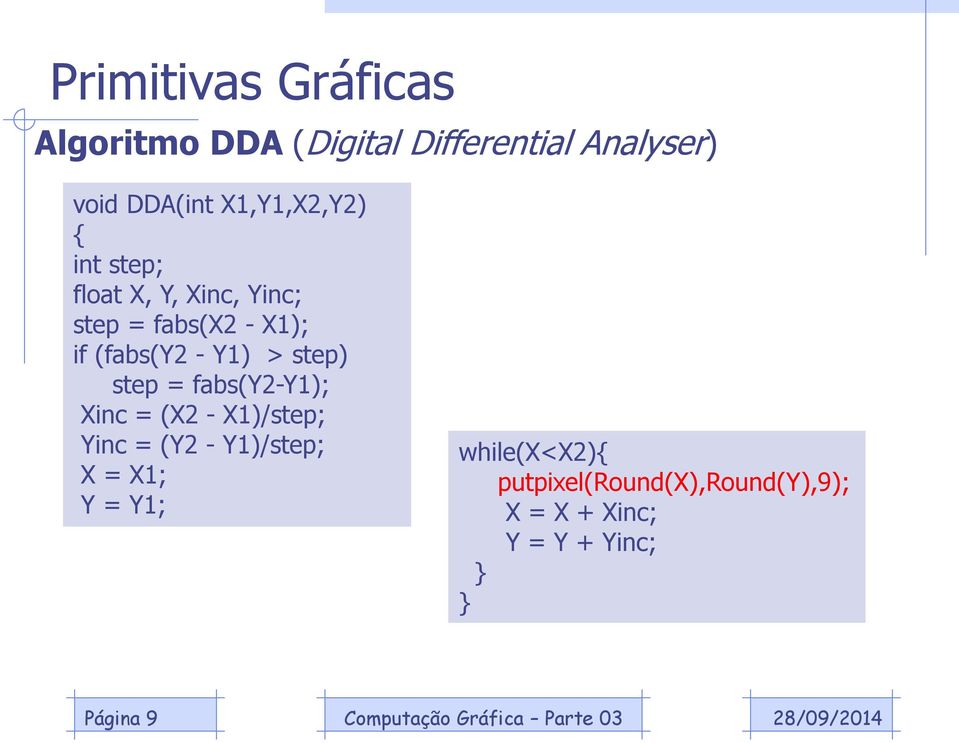 step = fabs(y2-y1); Xinc = (X2 - X1)/step; Yinc = (Y2 - Y1)/step; X = X1; Y =