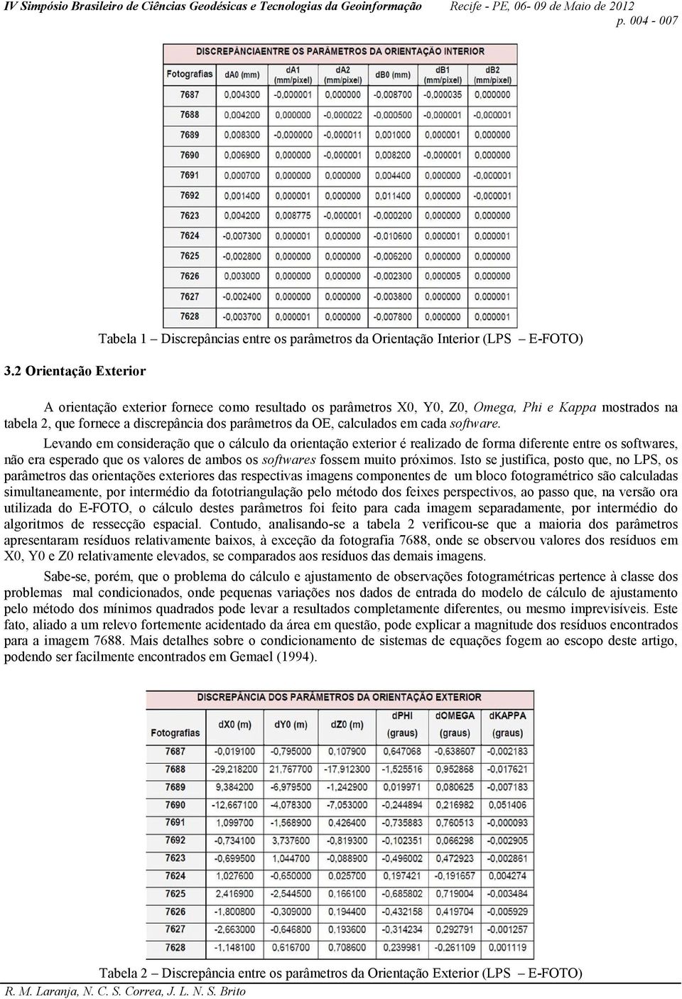 mostrados na tabela 2, que fornece a discrepância dos parâmetros da OE, calculados em cada software.