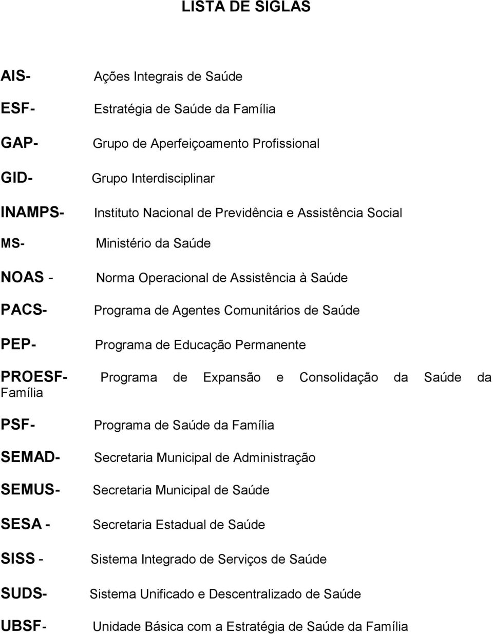 Permanente PROESF- Programa de Expansão e Consolidação da Saúde da Família PSF- SEMAD- SEMUS- SESA - SISS - SUDS- UBSF- Programa de Saúde da Família Secretaria Municipal de