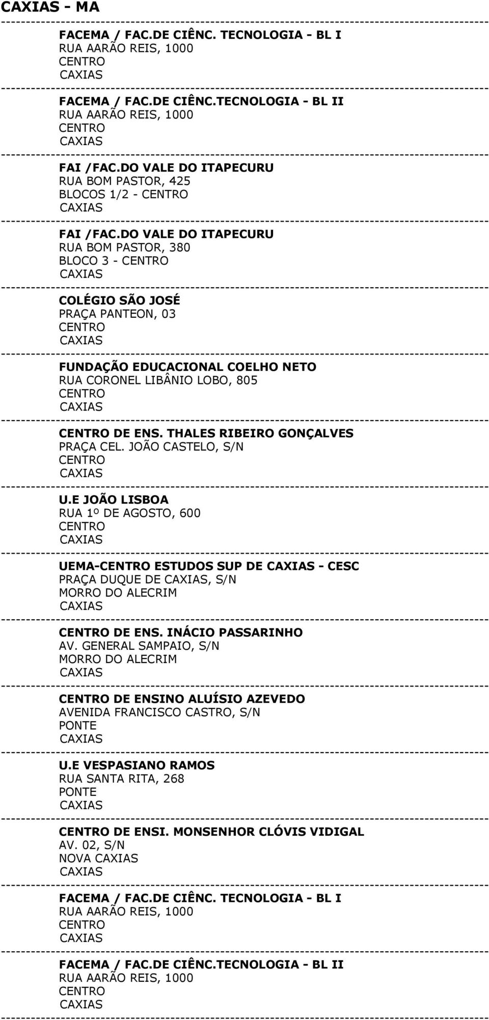 JOÃO CASTELO, S/N U.E JOÃO LISBOA RUA 1º DE AGOSTO, 600 UEMA- ESTUDOS SUP DE - CESC PRAÇA DUQUE DE, S/N MORRO DO ALECRIM DE ENS. INÁCIO PASSARINHO AV.