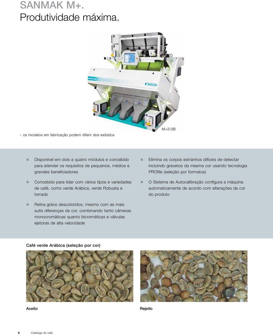 lidar com vários tipos e variedades de café, como verde Arábica, verde Robusta e torrado Elimina os corpos estranhos difíceis de detectar incluindo gravetos da mesma cor usando tecnologia PROfile