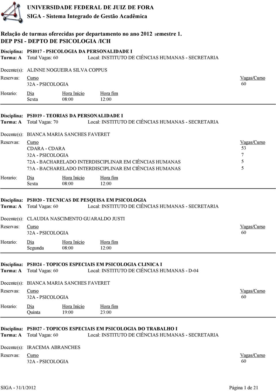 Vagas: 70 BIANCA MARIA SANCHES FAVERET CDARA - CDARA 3 7 72A - BACHARELADO INTERDISCIPLINAR EM CIÊNCIAS HUMANAS 73A - BACHARELADO INTERDISCIPLINAR EM CIÊNCIAS HUMANAS Disciplina: PSI020 - TECNICAS DE