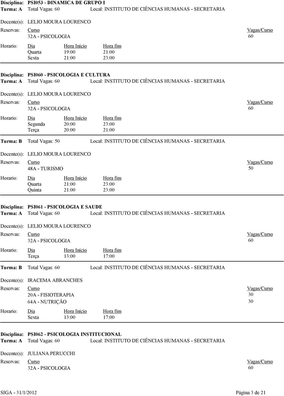 Disciplina: PSI061 - PSICOLOGIA E SAUDE Turma: A Total Vagas: Terça 13:00 17:00 Total Vagas: IRACEMA ABRANCHES 20A - FISIOTERAPIA 30 64A -