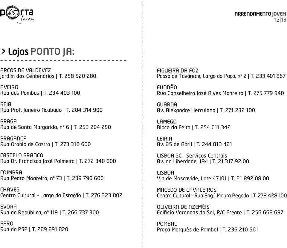 239 790 600 CHAVES Centro Cultural - Largo da Estação T. 276 323 802 ÉVORA Rua da República, nº 119 T. 266 737 300 FARO Rua da PSP T.