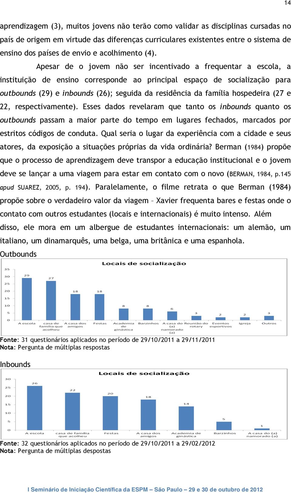 Apesar de o jovem não ser incentivado a frequentar a escola, a instituição de ensino corresponde ao principal espaço de socialização para outbounds (29) e inbounds (26); seguida da residência da