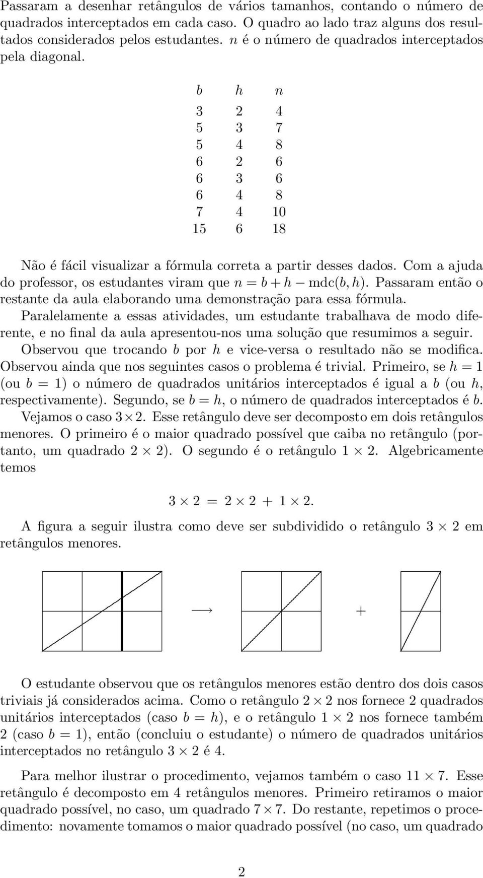 viram que n = b h mdc(b, h) Passaram então o restante da aula elaborando uma demonstração para essa fórmula Paralelamente a essas atividades, um estudante trabalhava de modo diferente, e no final da