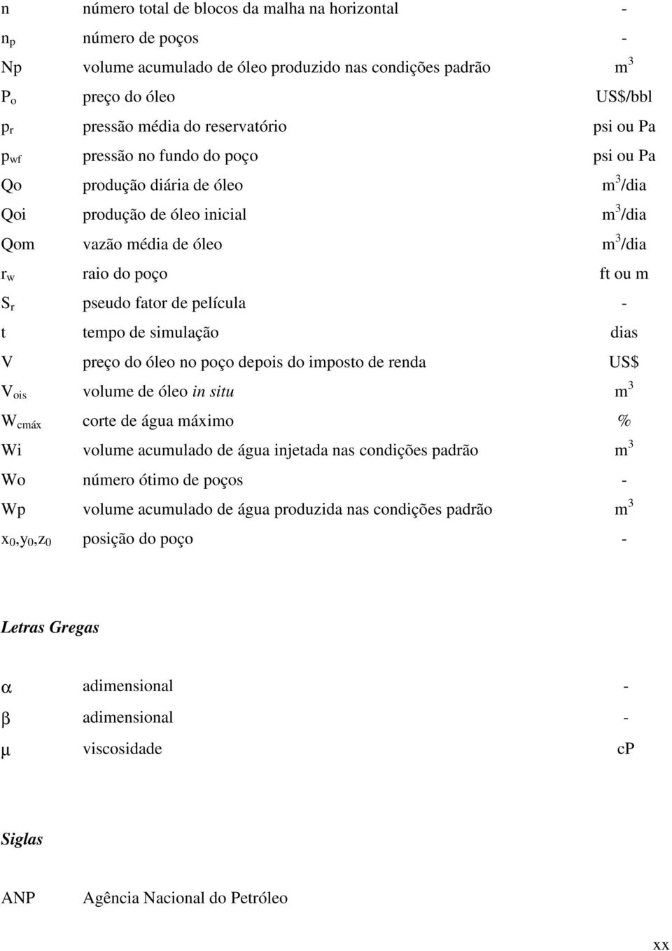 película - t tempo de simulação dias V preço do óleo no poço depois do imposto de renda US$ V ois volume de óleo in situ m 3 W cmáx corte de água máximo % Wi volume acumulado de água injetada nas