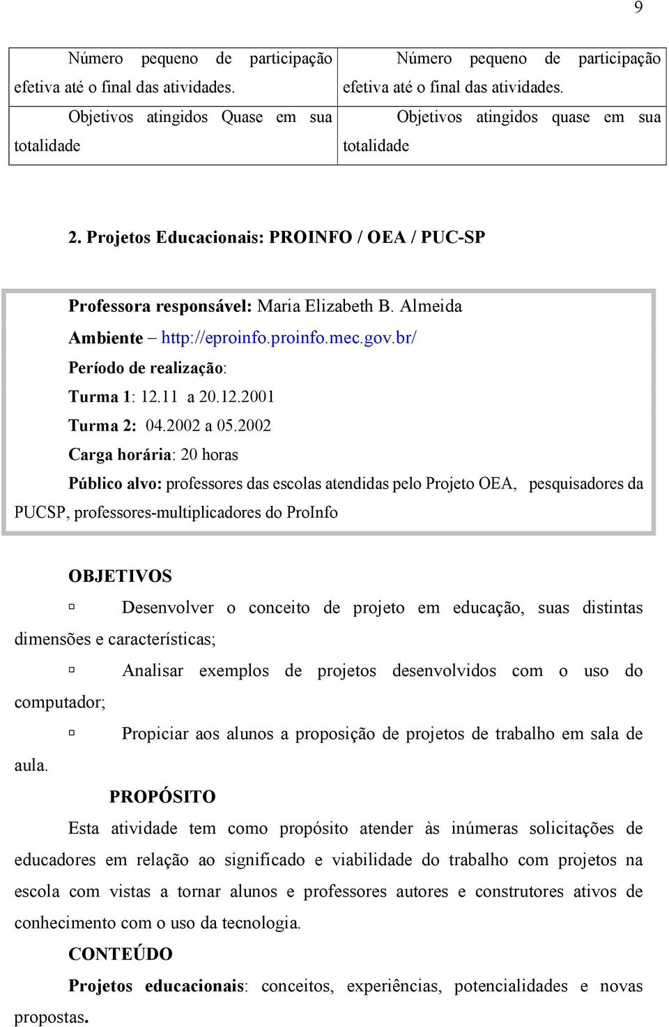 br/ Período de realização: Turma 1: 12.11 a 20.12.2001 Turma 2: 04.2002 a 05.