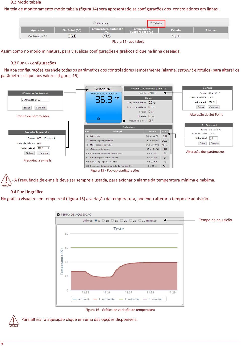 3 POP-UP Configurações Na aba configurações gerencie todas os parâmetros dos controladores remotamente (alarme, setpoint e rótulos) para alterar os parâmetros clique nos valores (figuras 15).