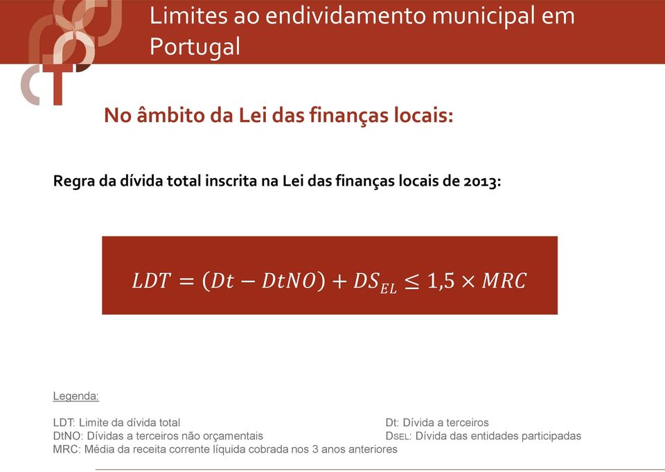 LDT: Limite da dívida total Dt: Dívida a terceiros DtNO: Dívidas a terceiros não orçamentais