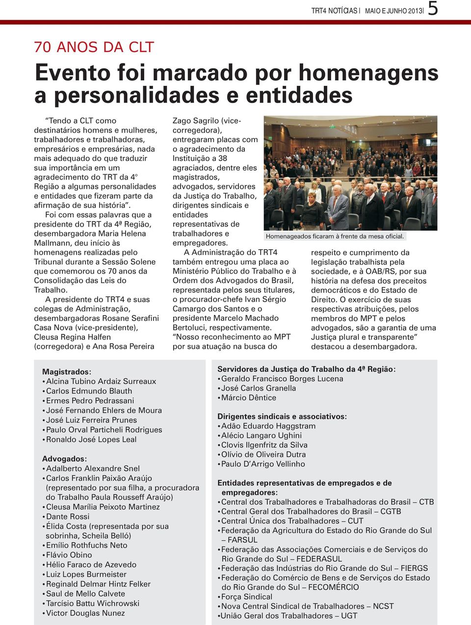 agradecimento do TRT da 4 magistrados, Região a algumas personalidades advogados, servidores e entidades que fizeram parte da da Justiça do Trabalho, afirmação de sua história.