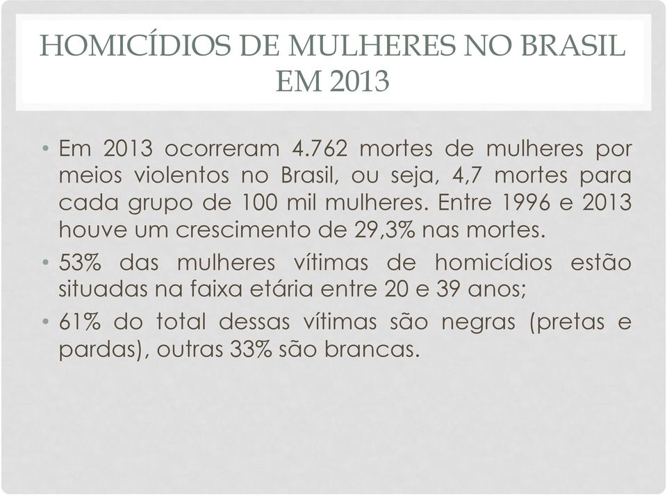 mulheres. Entre 1996 e 2013 houve um crescimento de 29,3% nas mortes.