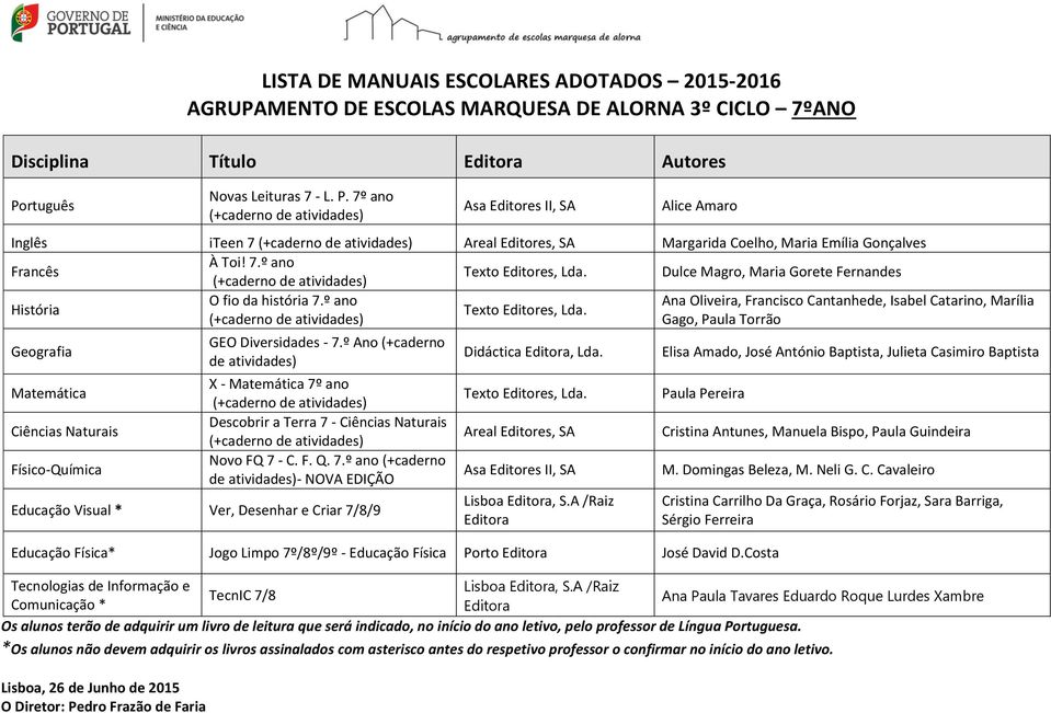 º ano Ana Oliveira, Francisco Cantanhede, Isabel Catarino, Marília (+caderno de Gago, Paula Torrão Geografia Físico-Química GEO Diversidades - 7.