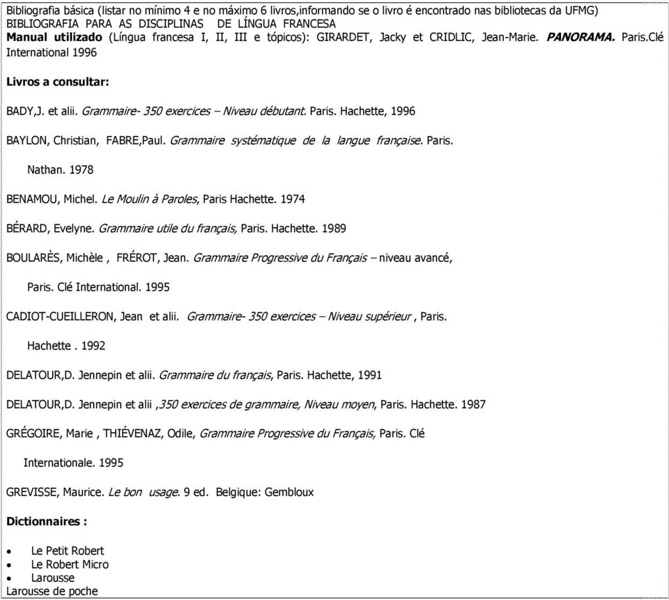 Grammaire systématique de la langue française. Paris. Nathan. 1978 BENAMOU, Michel. Le Moulin à Paroles, Paris Hachette. 1974 BÉRARD, Evelyne. Grammaire utile du français, Paris. Hachette. 1989 BOULARÈS, Michèle, FRÉROT, Jean.