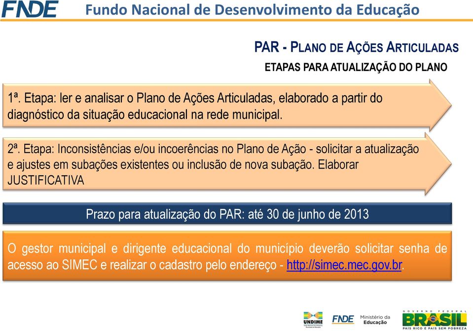 Etapa: Inconsistências e/ou incoerências no Plano de Ação - solicitar a atualização e ajustes em subações existentes ou inclusão de nova subação.