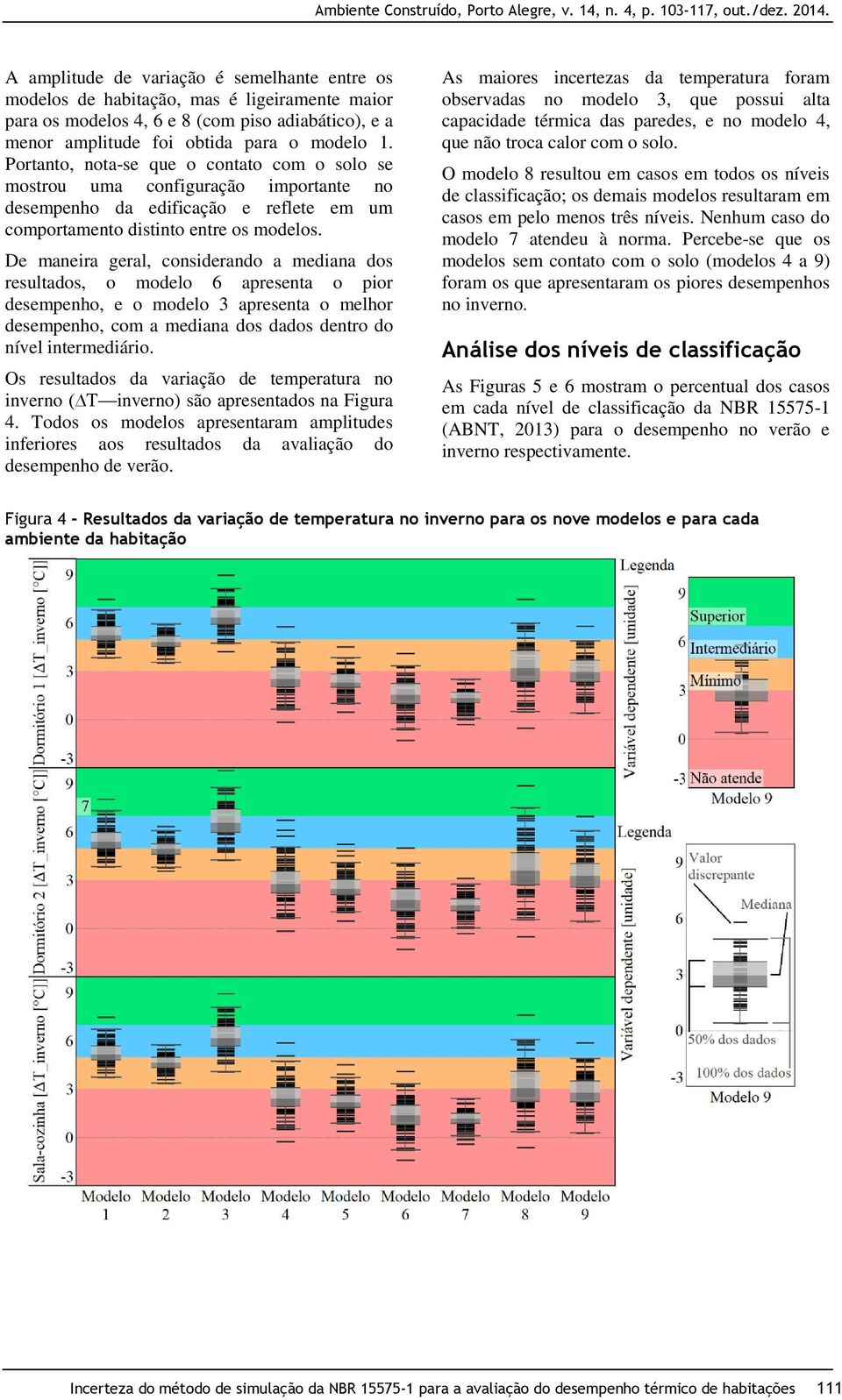 De maneira geral, considerando a mediana dos resultados, o modelo 6 apresenta o pior desempenho, e o modelo 3 apresenta o melhor desempenho, com a mediana dos dados dentro do nível intermediário.