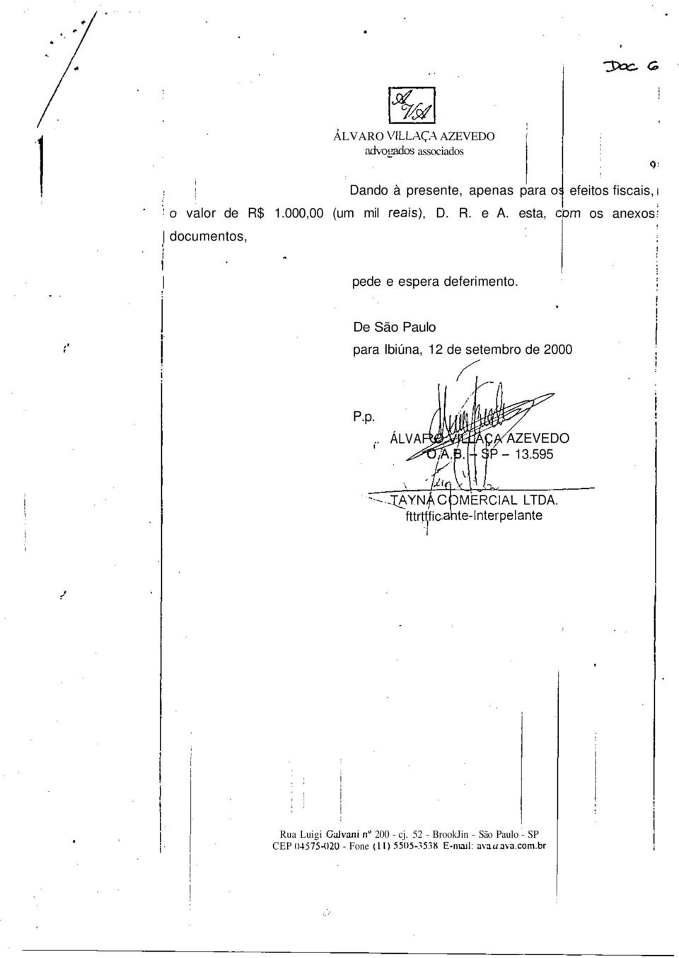 efetos fscas, os anexos De São Paulo para Ibúna, 12 de setembro de 2000» P.p... ÁLVAF AZEVEDO $P- 13.