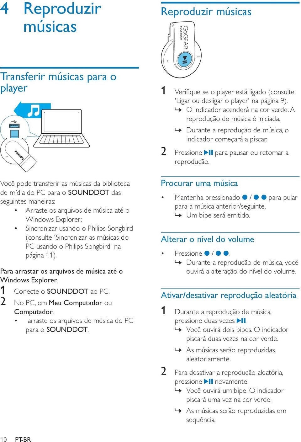 Para arrastar os arquivos de música até o Windows Explorer, 1 Conecte o SOUNDDOT ao PC. 2 No PC, em Meu Computador ou Computador. arraste os arquivos de música do PC para o SOUNDDOT.