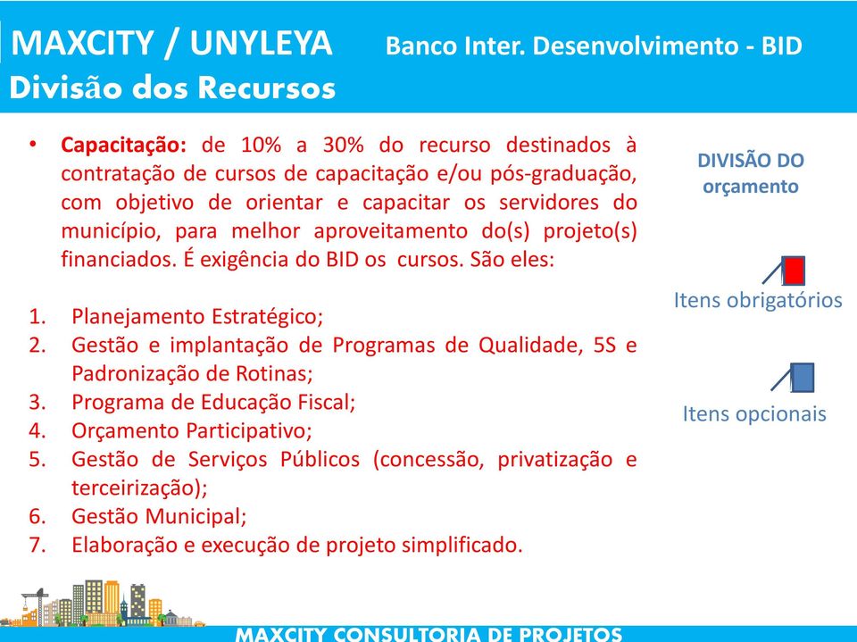 Gestão e implantação de Programas de Qualidade, 5S e Padronização de Rotinas; 3. Programa de Educação Fiscal; 4. Orçamento Participativo; 5.