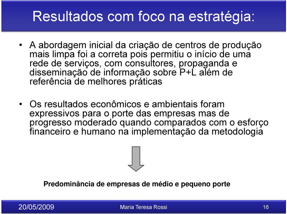 práticas Os resultados econômicos e ambientais foram expressivos para o porte das empresas mas de progresso moderado quando comparados