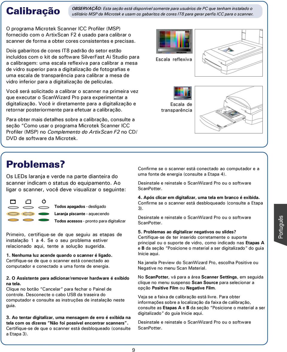 Dois gabaritos de cores IT8 padrão do setor estão incluídos com o kit de software SilverFast Ai Studio para a calibragem: uma escala reflexiva para calibrar a mesa de vidro superior para a