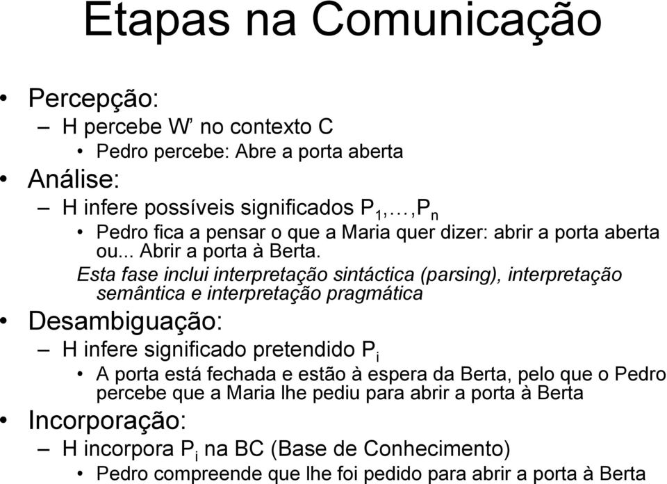 Esta fase inclui interpretação sintáctica (parsing), interpretação semântica e interpretação pragmática Desambiguação: H infere significado pretendido P i A