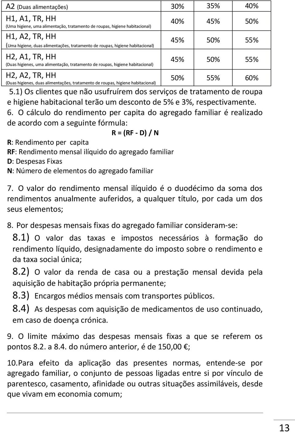 alimentações, tratamento de roupas, higiene habitacional) 5.1) Os clientes que não usufruírem dos serviços de tratamento de roupa e higiene habitacional terão um desconto de 5% e 3%, respectivamente.