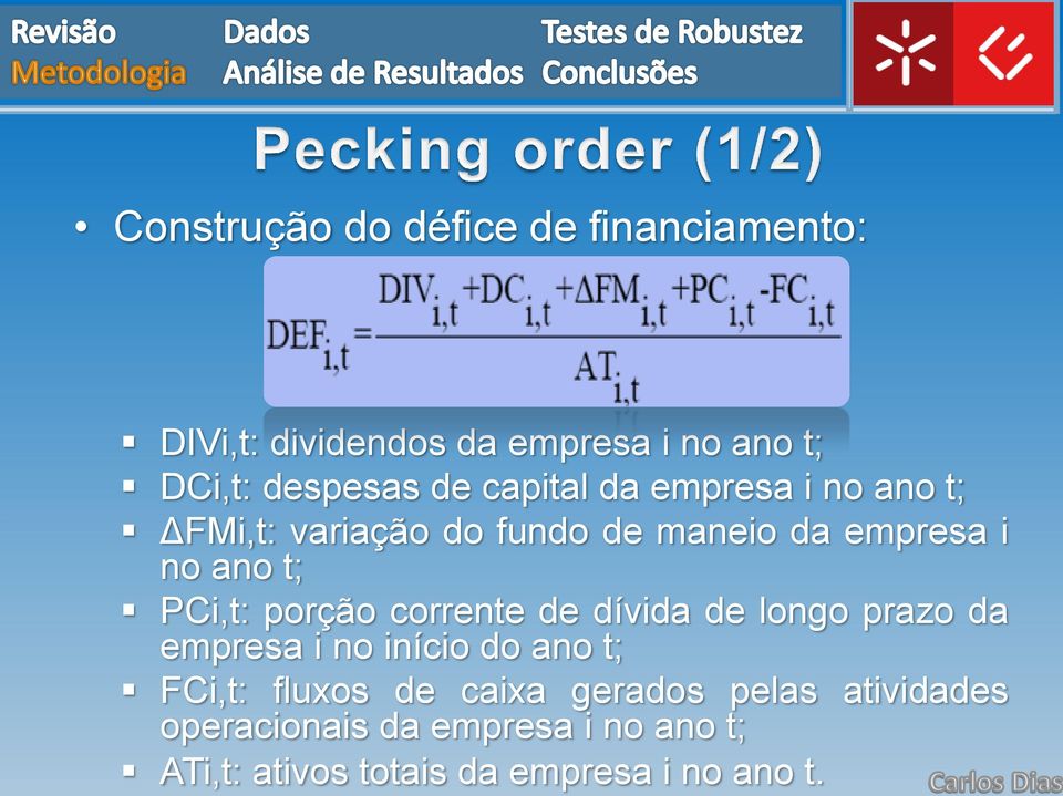 porção corrente de dívida de longo prazo da empresa i no início do ano t; FCi,t: fluxos de caixa