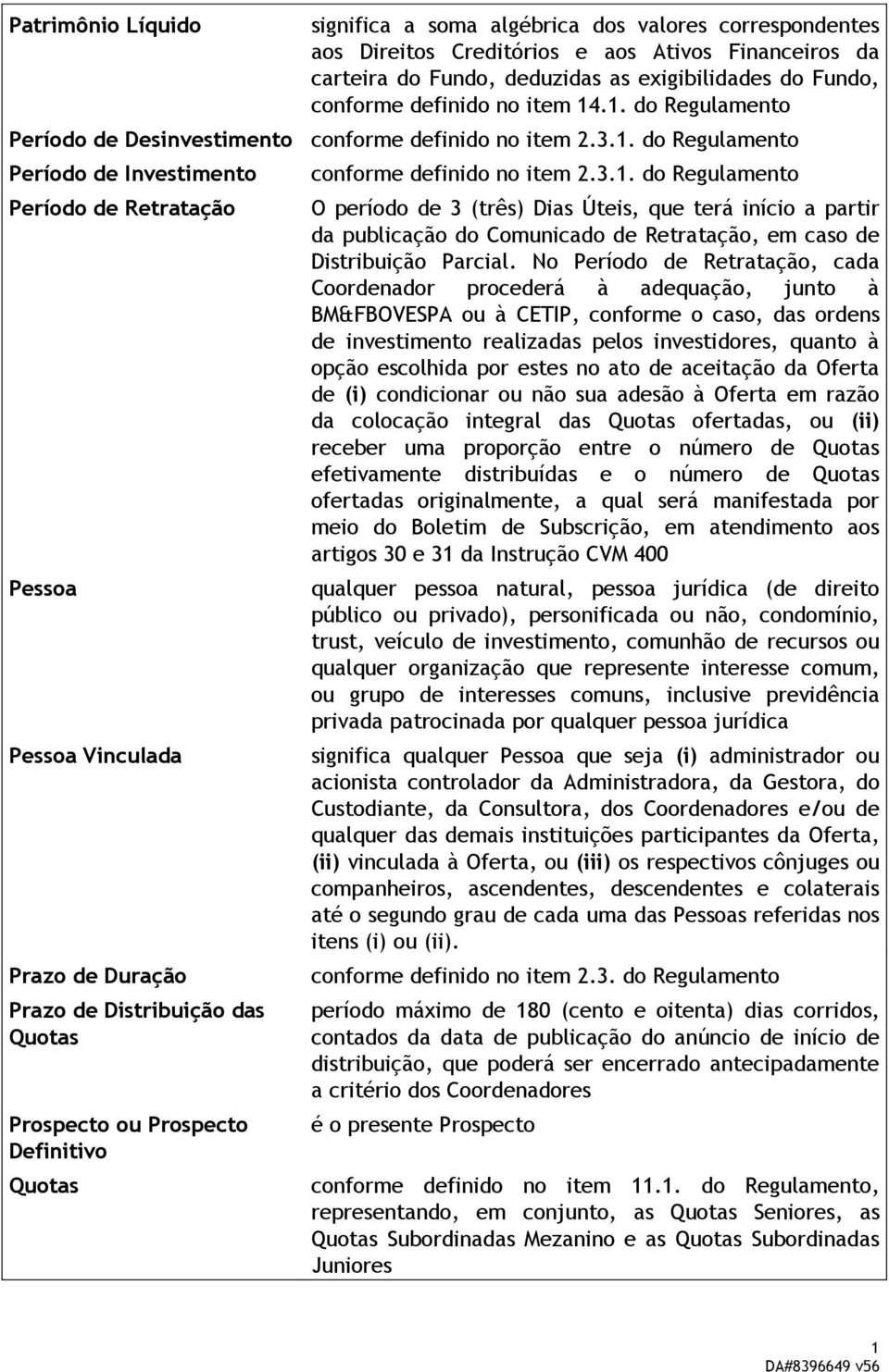 . do Regulamento Período de Investimento Período de Retratação Pessoa Pessoa Vinculada Prazo de Duração Prazo de Distribuição das Quotas Prospecto ou Prospecto Definitivo Quotas conforme definido no