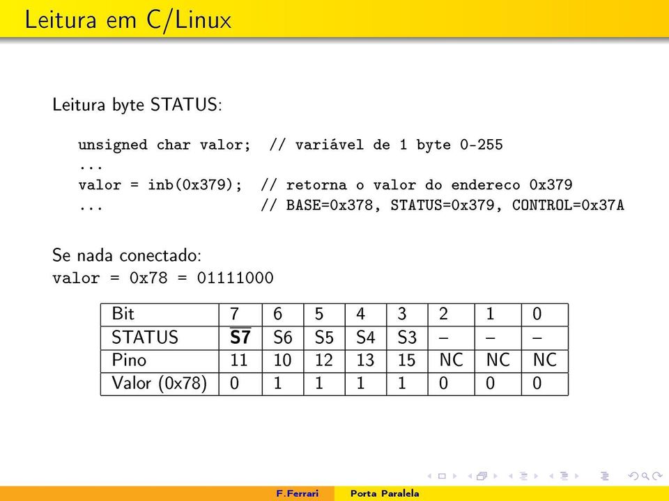 .. // BASE=0x378, STATUS=0x379, CONTROL=0x37A Se nada conectado: valor = 0x78 =