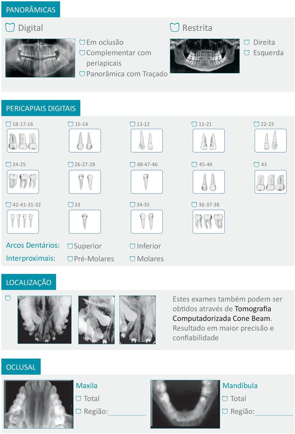 Interproximais: Superior Pré-Molares Inferior Molares LOCALIZAÇÃO Estes exames também podem ser obtidos através de