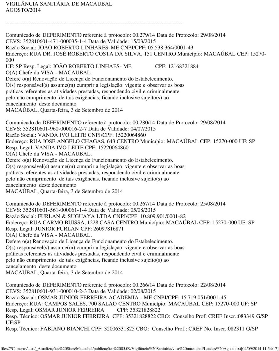 JOSÉ ROBERTO COSTA DA SILVA, 151 CENTRO Município: MACAÚBAL CEP: 15270-000 UF: SP Resp. Legal: JOÃO ROBERTO LINHAES- ME CPF: 12168321884 Comunicado de DEFERIMENTO referente à protocolo: 00.