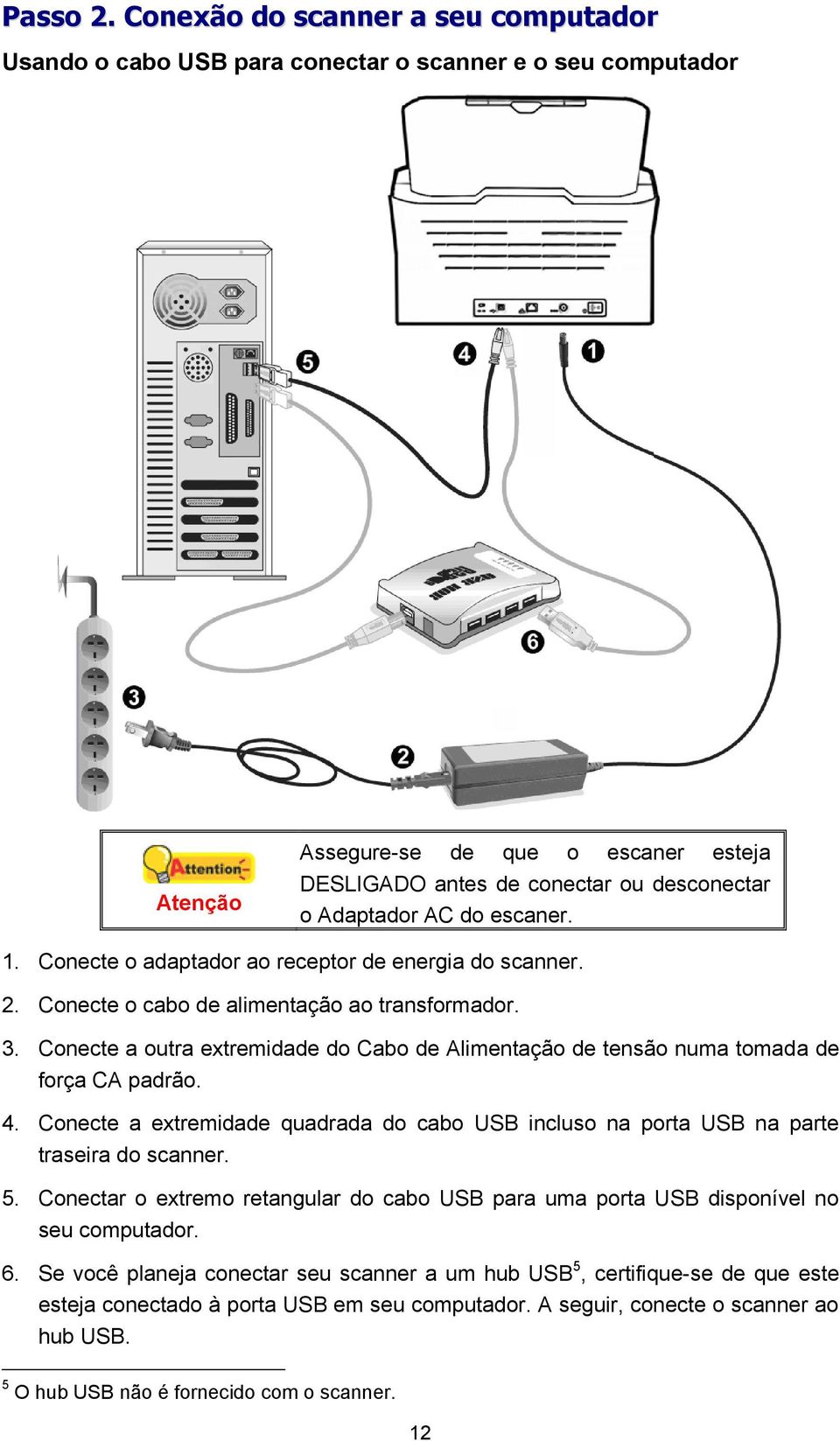 do escaner. 1. Conecte o adaptador ao receptor de energia do scanner. 2. Conecte o cabo de alimentação ao transformador. 3.