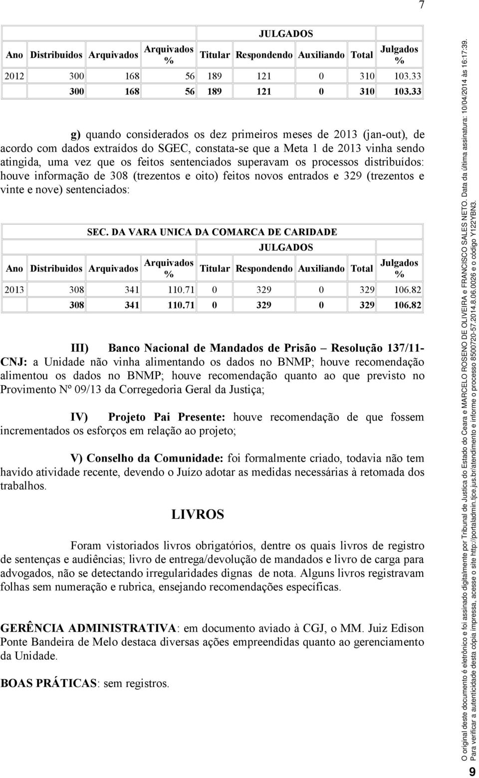 superavam os processos distribuídos: houve informação de 308 (trezentos e oito) feitos novos entrados e 329 (trezentos e vinte e nove) sentenciados: SEC.