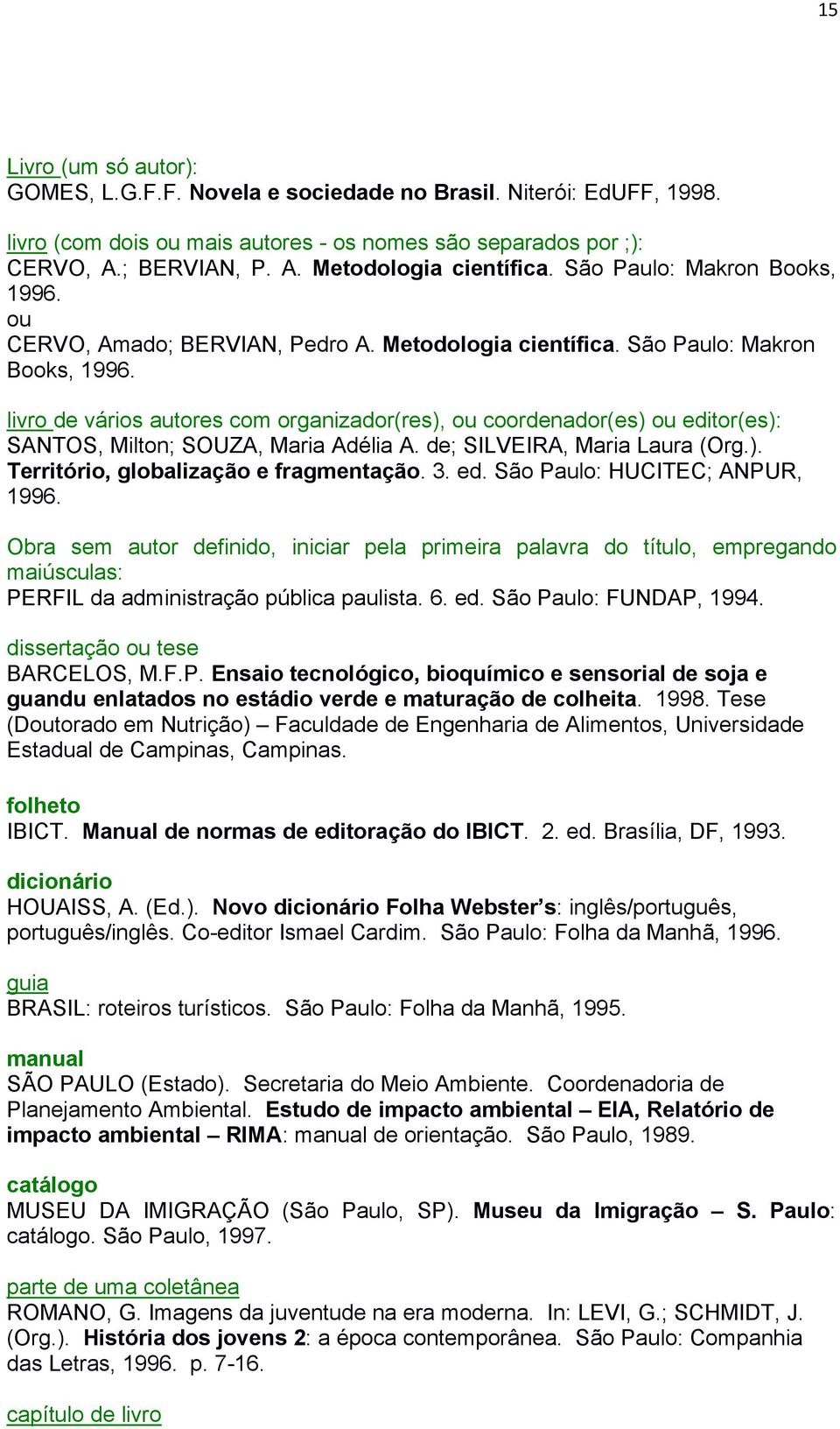 livro de vários autores com organizador(res), ou coordenador(es) ou editor(es): SANTOS, Milton; SOUZA, Maria Adélia A. de; SILVEIRA, Maria Laura (Org.). Território, globalização e fragmentação. 3. ed. São Paulo: HUCITEC; ANPUR, 1996.