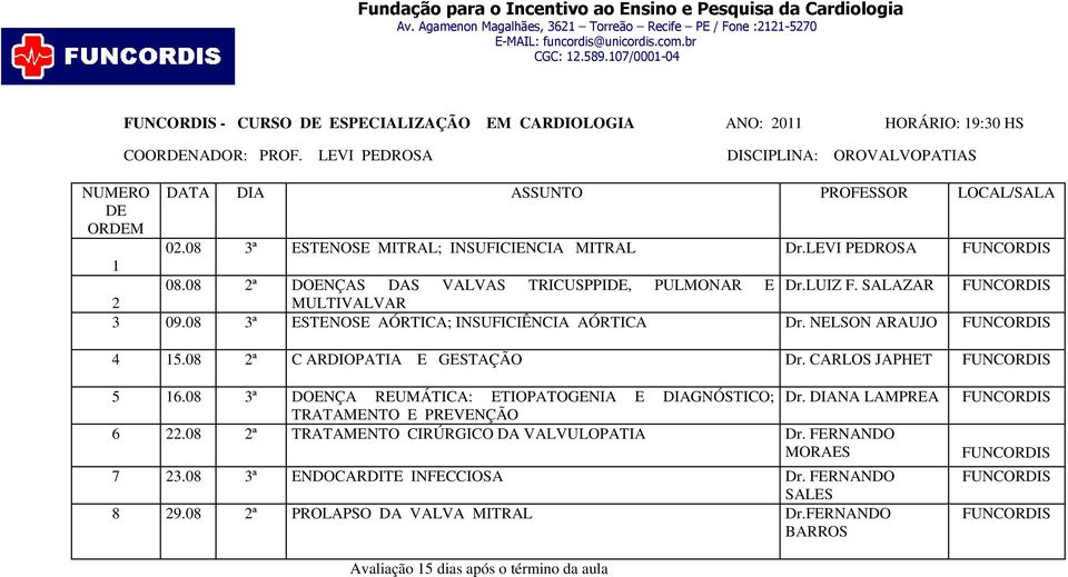 08 3ª ESTENOSE AÓRTICA; INSUFICIÊNCIA AÓRTICA Dr. NELSON ARAUJO 4 5.08 ª C ARDIOPATIA E GESTAÇÃO Dr. CARLOS JAPHET 5 6.