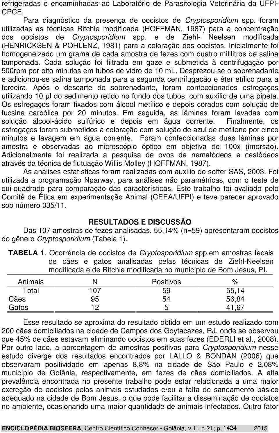 e de Ziehl- Neelsen modificada (HENRICKSEN & POHLENZ, 1981) para a coloração dos oocistos. Inicialmente foi homogeneizado um grama de cada amostra de fezes com quatro mililitros de salina tamponada.