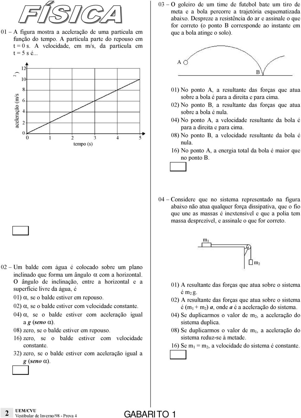 Despreze a resistência do ar e assinale o que for correto (o ponto B corresponde ao instante em que a bola atinge o solo).