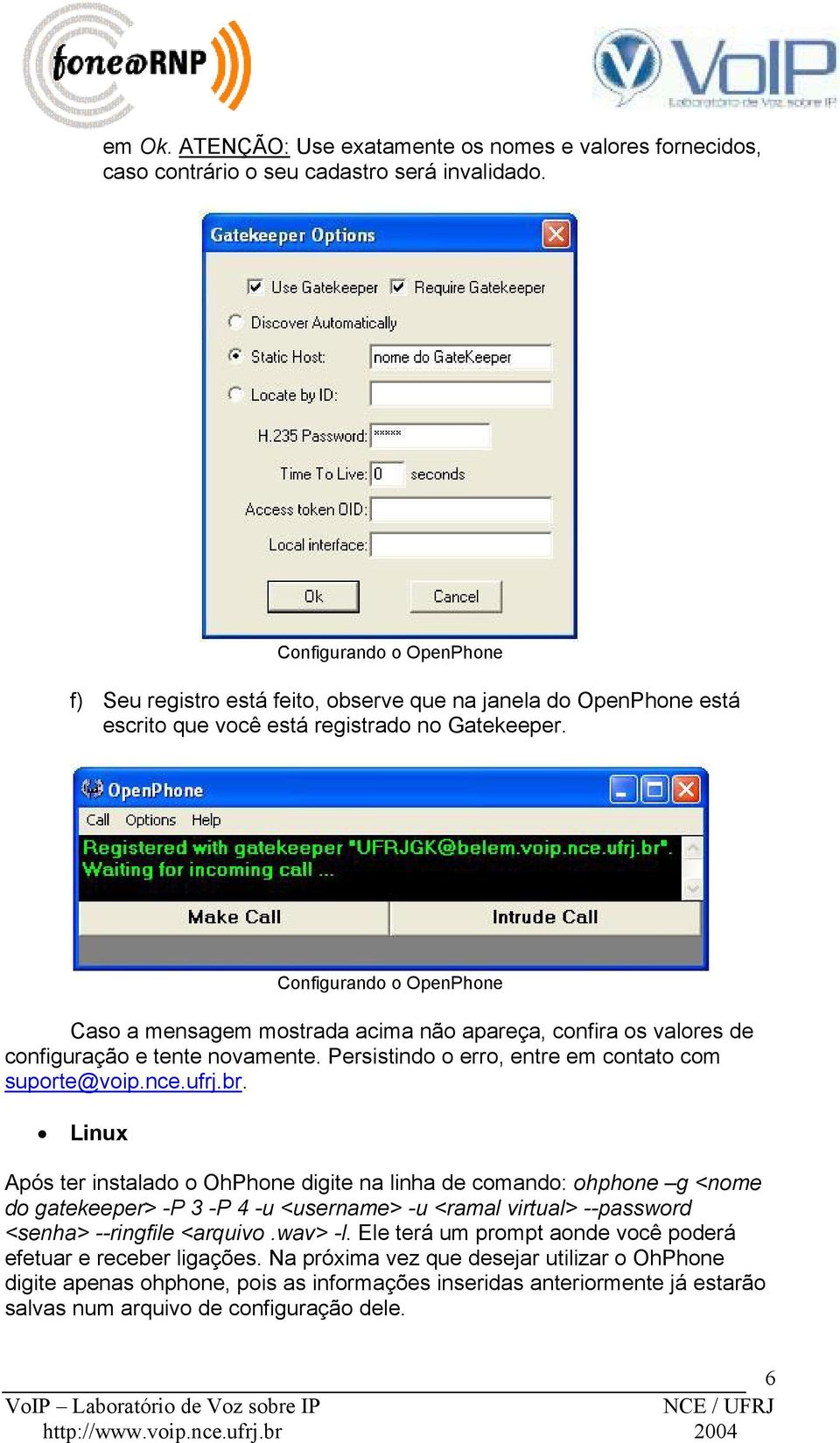 Caso a mensagem mostrada acima não apareça, confira os valores de configuração e tente novamente. Persistindo o erro, entre em contato com suporte@voip.nce.ufrj.br.