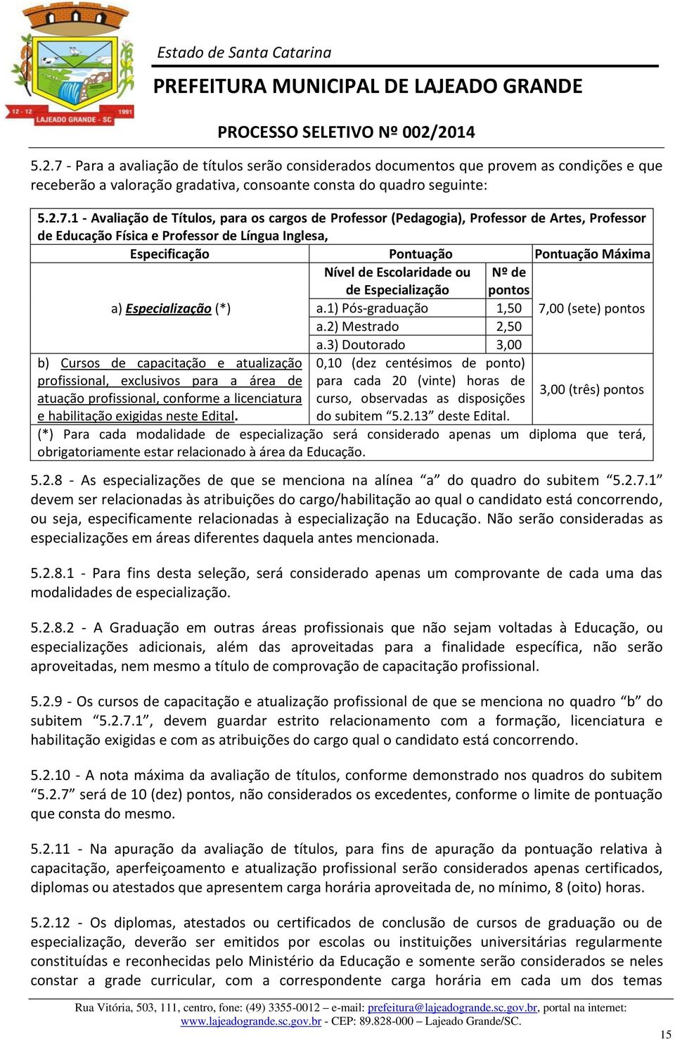 1 - Avaliação de Títulos, para os cargos de Professor (Pedagogia), Professor de Artes, Professor de Educação Física e Professor de Língua Inglesa, Especificação Pontuação Pontuação Máxima a)