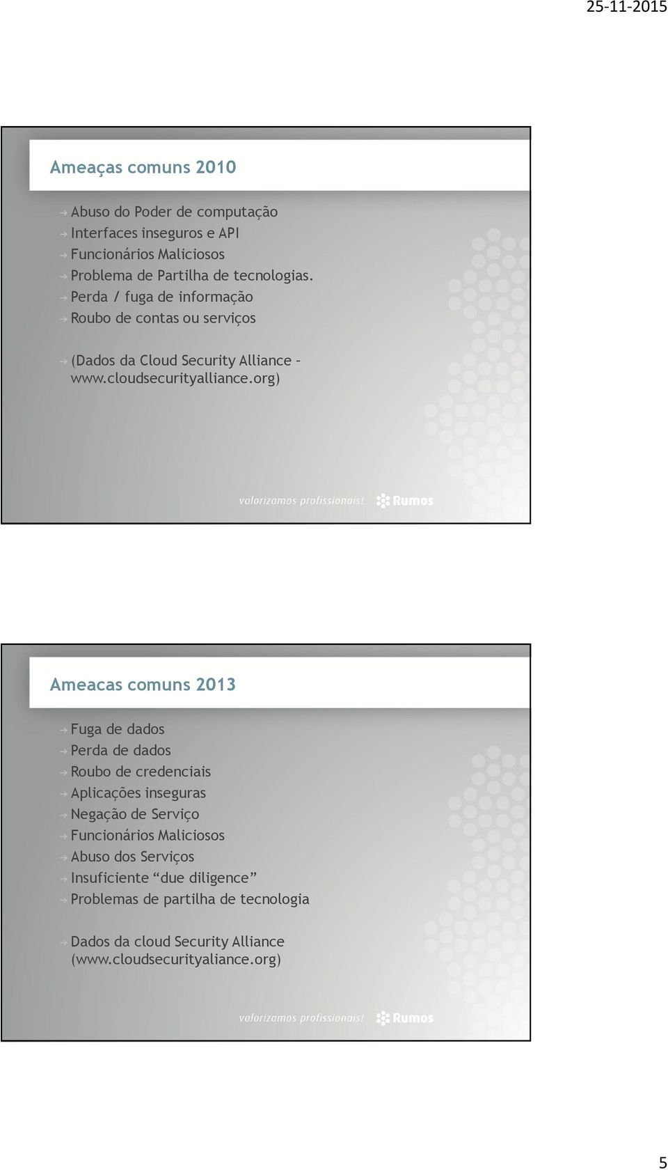 org) Ameacas comuns 2013 Fuga de dados Perda de dados Roubo de credenciais Aplicações inseguras Negação de Serviço Funcionários