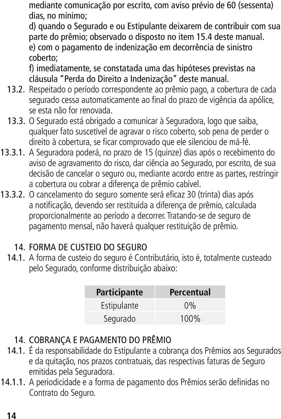 e) com o pagamento de indenização em decorrência de sinistro coberto; f) imediatamente, se constatada uma das hipóteses previstas na cláusula Perda do Direito a Indenização deste manual. 13.2.