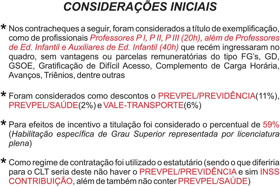 Infantil (40h) que recém ingressaram no quadro, sem vantagens ou parcelas remuneratórias do tipo FG s, GD, GSOE, Gratificação de Difícil Acesso, Complemento de Carga Horária, Avanços, Triênios,