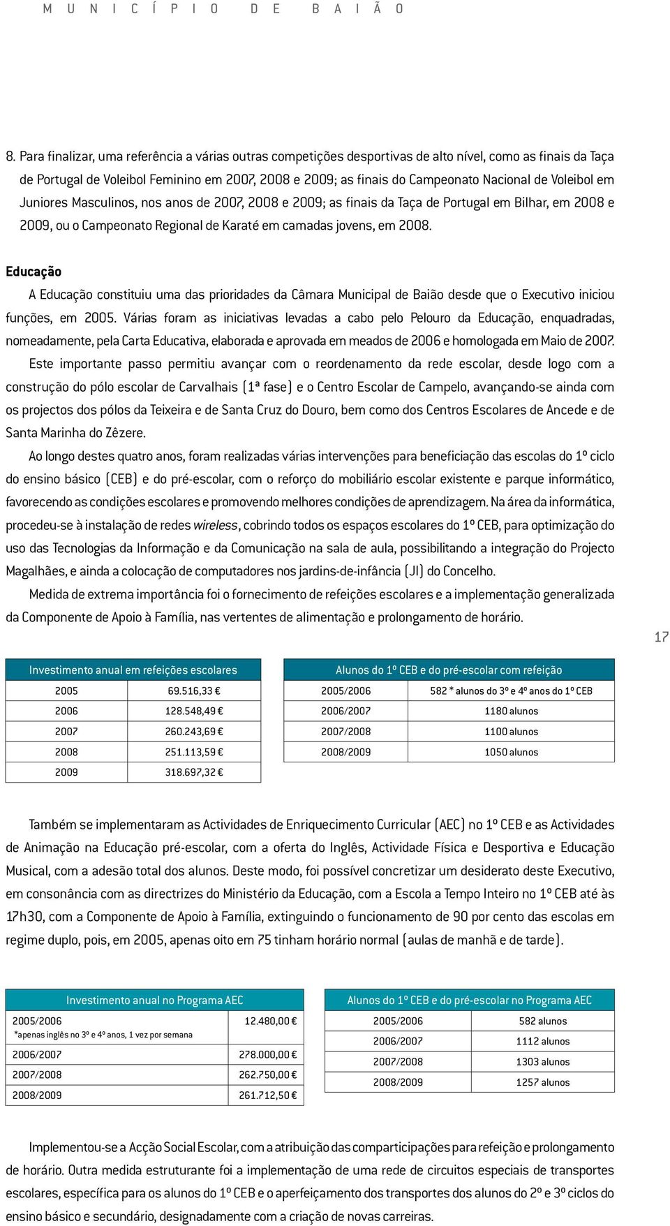 Educação A Educação constituiu uma das prioridades da Câmara Municipal de Baião desde que o Executivo iniciou funções, em 2005.