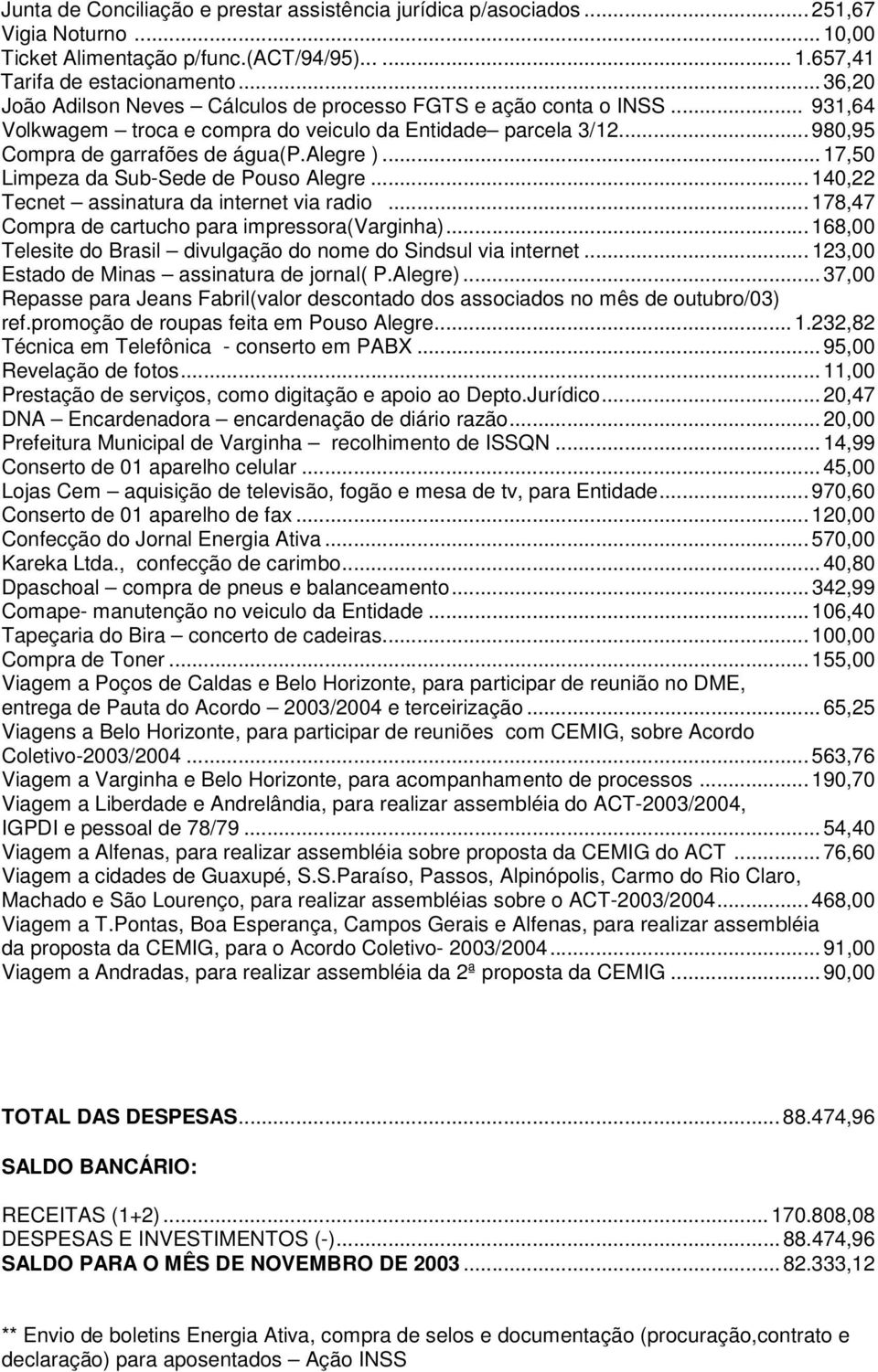 .. 17,50 Limpeza da Sub-Sede de Pouso Alegre...140,22 Tecnet assinatura da internet via radio...178,47 Compra de cartucho para impressora(varginha).