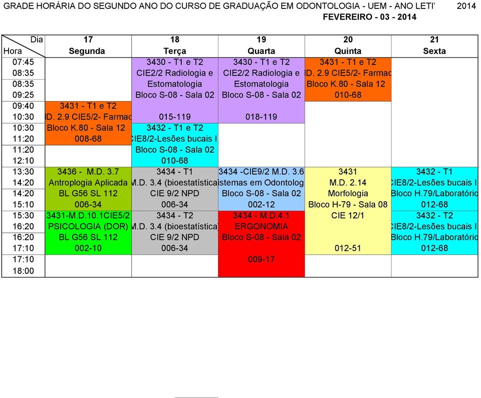 80 - Sala 12 3432 - T1 e T2 008-68 CIE8/2-Lesões bucais I I Bloco S-08 - Sala 02 010-68 13:30 3436 - M.D. 3.7 3434 - T1 3434 -CIE9/2 M.D. 3.6 3431 3432 - T1 14:20 Antroplogia Aplicada M.D. 3.4 (bioestatística) Sistemas em Odontologia M.