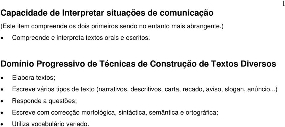 1 Domínio Progressivo de Técnicas de Construção de Textos Diversos Elabora textos; Escreve vários tipos de texto