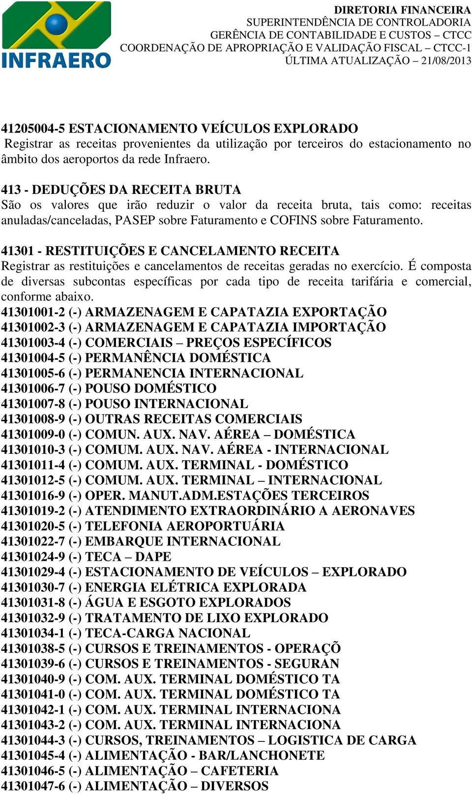 41301 - RESTITUIÇÕES E CANCELAMENTO RECEITA Registrar as restituições e cancelamentos de receitas geradas no exercício.